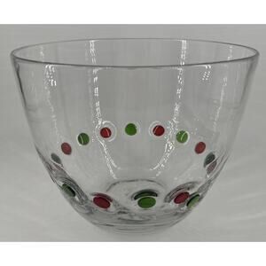 Bowl Carlo Moretti Style Murano Style Blown Glass Green Red Polka Dots VTG MCM